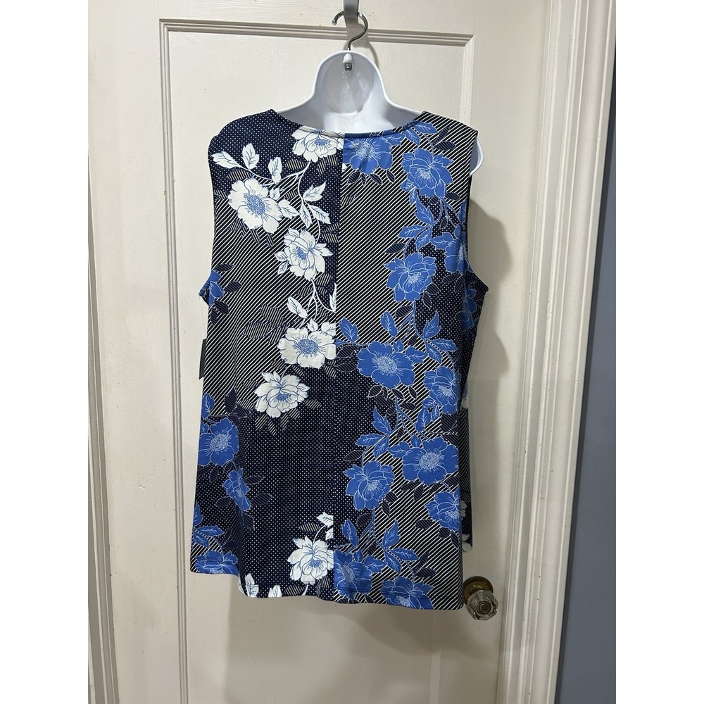 Catherines Womens 1X Blue Floral Stripe Dot Sleeveless V Neck Tank Top Shirt - Picture 4 of 7